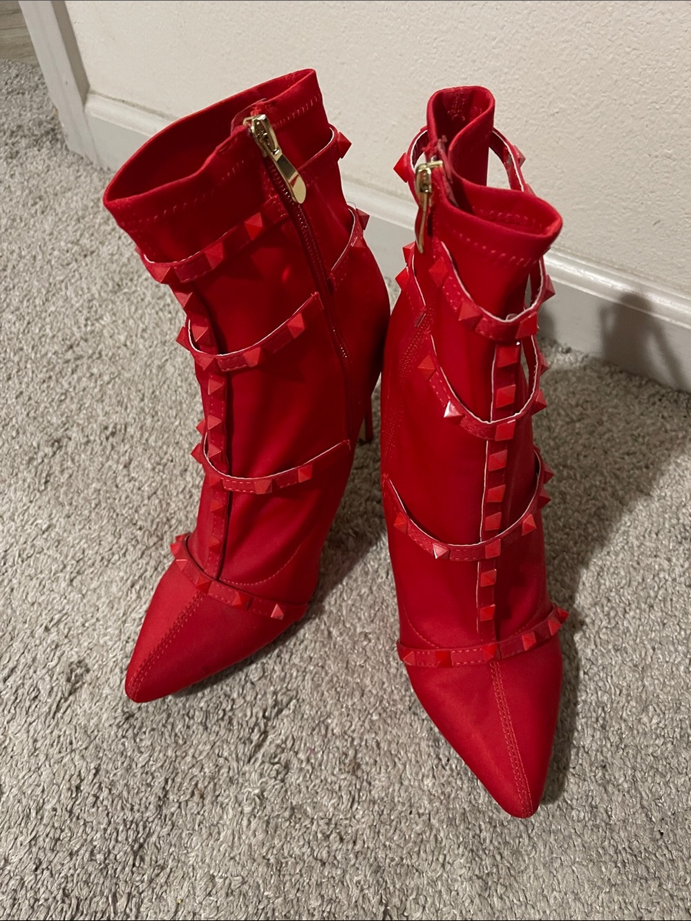 Fashion Nova Red Studded Strappy Pointed Ankle Boots